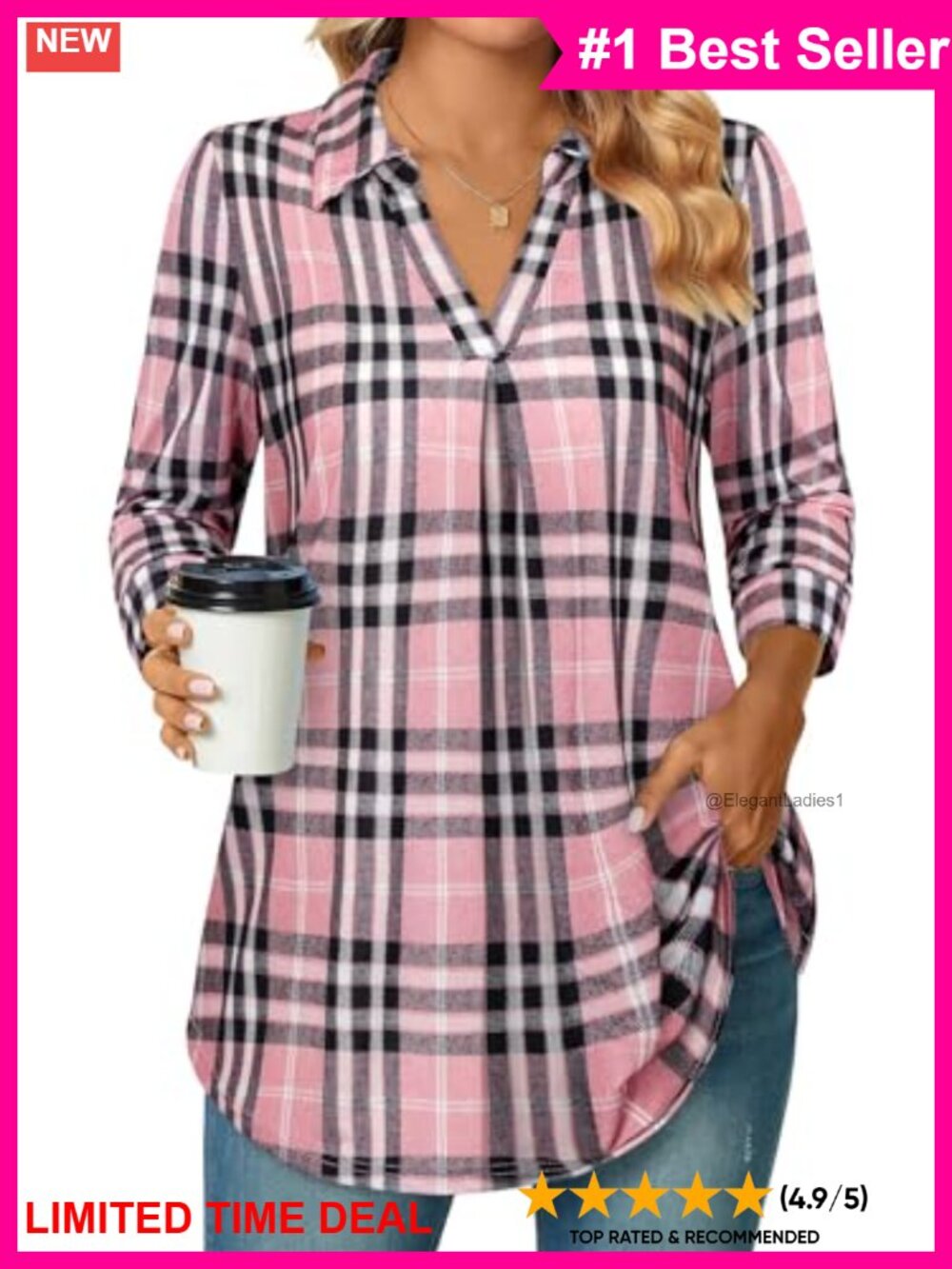 Womens 3/4 Sleeve V Neck Collared Tunic Blouse Business Casual Office Top